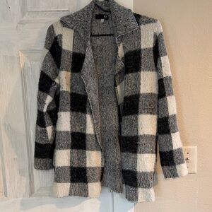 GUC Kut from the Kloth Checkered Teddy Sweater Jacket - Black, White, Gray